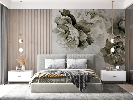 Tapeta winylowa struktura płótna kwiaty peonie szara - MEMORY LANE khaki (pure)