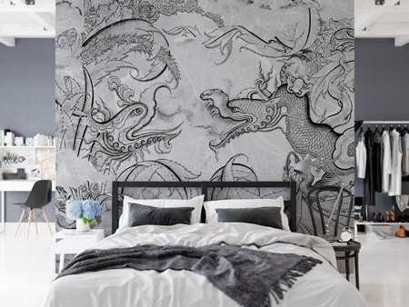 Tapeta winylowa struktura płótna smok czarno-biała - DRAGO gray