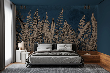 Tapeta winylowa struktura płótna liście paproci księzyc - OVER THE MOON blue