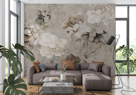 Tapeta winylowa struktura płótna kwiaty peonie rybki beżowa - NAYLA beige (flowers)