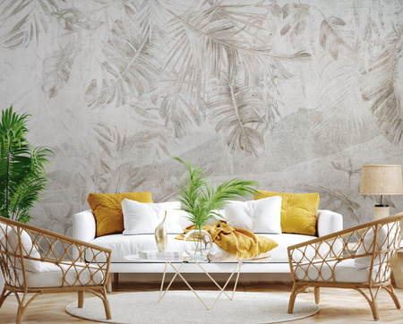 Tapeta winylowa struktura płótna tropikalne liście beżowa - KAMARA beige (landscape)