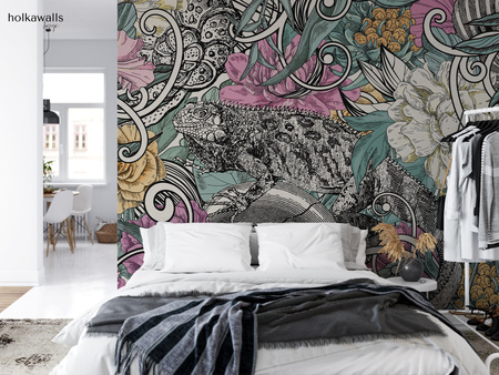 Tapeta winylowa struktura płótna kwiaty graffiti kolorowa - SAUROS pink (lizard)