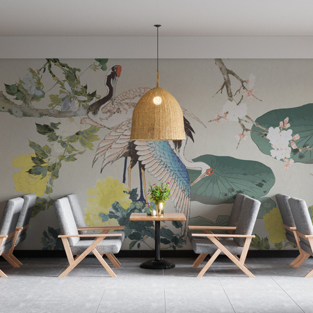 Tapeta winylowa struktura płótna żurawie orientalna kolorowa - MIZUMI gray