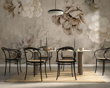 Tapeta winylowa struktura płótna kwiaty peonie rybki beżowa - NAYLA beige (flowers)