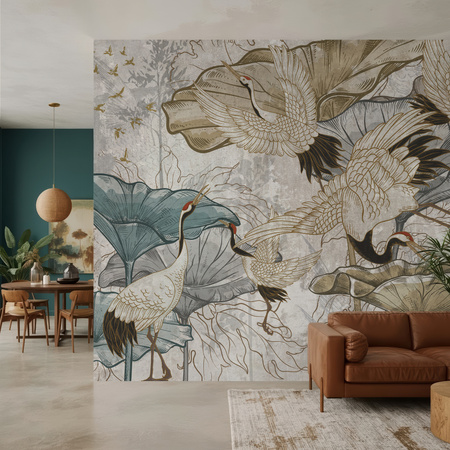 Tapeta winylowa struktura płótna żurawie orientalna kolorowa - NANAMI light
