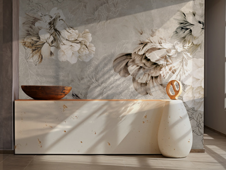 Tapeta winylowa struktura płótna kwiaty peonie rybki beżowa - NAYLA beige (underwater)