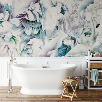 Tapeta winylowa struktura płótna kwiaty flamingi kolorowa - IMALAI icy