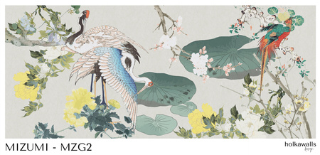 Tapeta winylowa struktura płótna żurawie orientalna kolorowa - MIZUMI gray