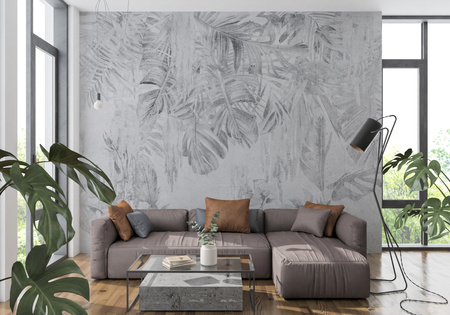 Tapeta winylowa struktura płótna tropikalne liście czarno-biała - KAMARA gray (rustic)