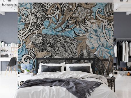 Tapeta winylowa struktura płótna kwiaty graffiti kolorowa - SAUROS blue (lizard)