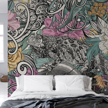 Tapeta winylowa struktura płótna kwiaty graffiti kolorowa - SAUROS pink (lizard)