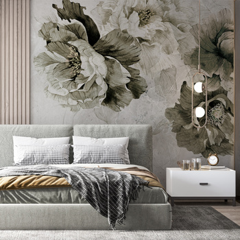 Tapeta winylowa struktura płótna kwiaty peonie szara - MEMORY LANE khaki (pure)