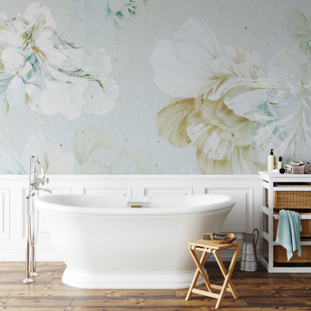 Tapeta winylowa struktura płótna kwiaty peonie rybki niebieska - NAYLA blue (underwater)