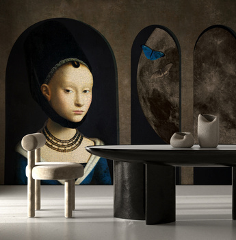 Tapeta winylowa struktura płótna malarstwo księżyc  - GIRL WITH BUTTERFLIES (moon)