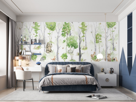 Tapeta winylowa struktura płótna dziecięca kolorowa las zwierzęta - BEAR SAYS HELLO! color