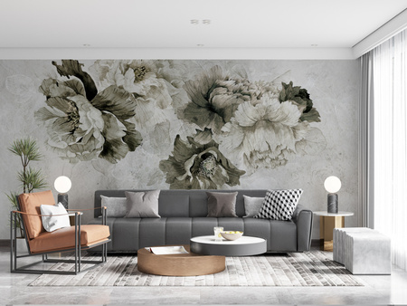 Tapeta winylowa struktura płótna kwiaty peonie szara - MEMORY LANE khaki (decor)