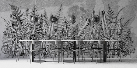 Tapeta winylowa struktura płótna liście paproci księzyc - OVER THE MOON white