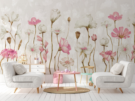 Tapeta winylowa struktura płótna kwiaty różowe łąka  - AUDREY pink (shadow)