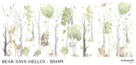 Tapeta winylowa struktura płótna dziecięca kolorowa las zwierzęta - BEAR SAYS HELLO! pastel