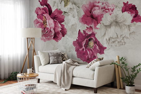 Tapeta winylowa struktura płótna kwiaty peonie różowa - MEMORY LANE violet (pure)