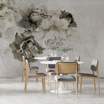 Tapeta winylowa struktura płótna kwiaty peonie szara - MEMORY LANE khaki (decor)