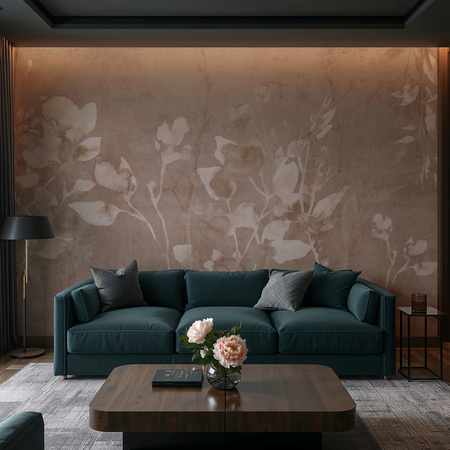 Tapeta winylowa struktura płótna gałązki i liście miedziana - TAMAMI (copper)