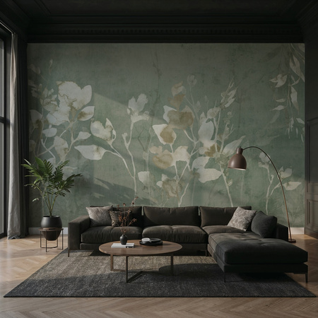 Tapeta winylowa struktura płótna gałązki i liście zielona - TAMAMI (green)