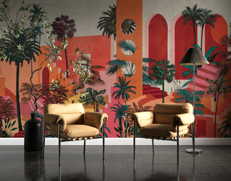 Tapeta winylowa struktura płótna tropikalna architektura kolorowa - OASIS red