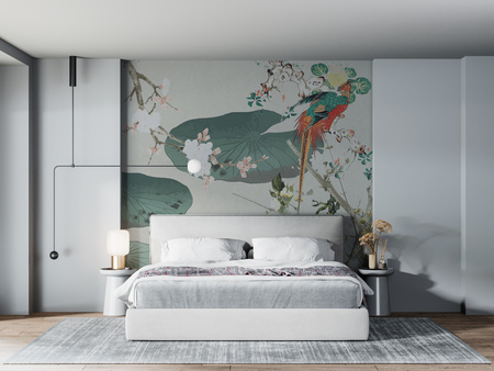 Tapeta winylowa struktura płótna żurawie orientalna kolorowa - MIZUMI gray