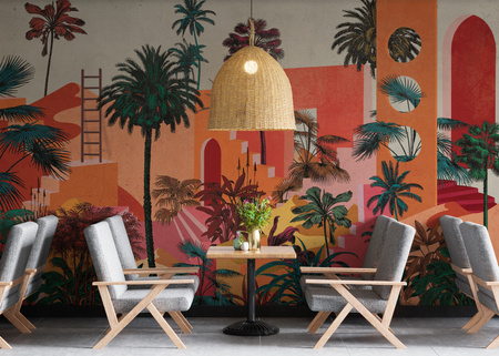 Tapeta winylowa struktura płótna tropikalna architektura kolorowa - OASIS red