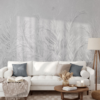 Tapeta winylowa struktura płótna liście tropikalne szara - FLORAL delicate