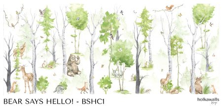 Tapeta winylowa struktura płótna dziecięca kolorowa las zwierzęta - BEAR SAYS HELLO! color