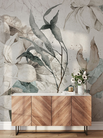 Tapeta winylowa struktura płótna liście lilie beżowa zielona - MORNING MEADOW light