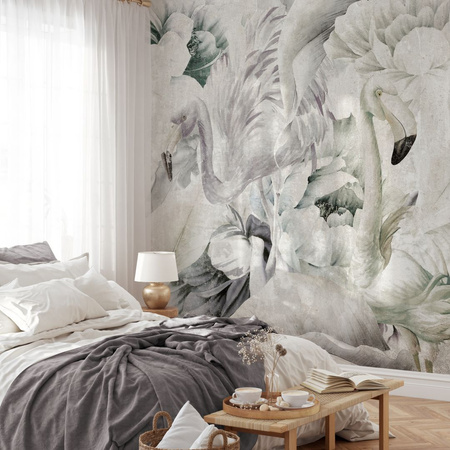 Tapeta winylowa struktura płótna kwiaty flamingi szara - IMALAI smokey