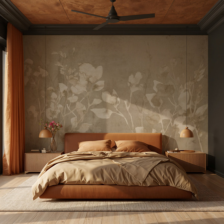 Tapeta winylowa struktura płótna gałązki i liście beżowa - TAMAMI (champagne)