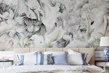 Tapeta winylowa struktura płótna kwiaty flamingi szara - IMALAI smokey