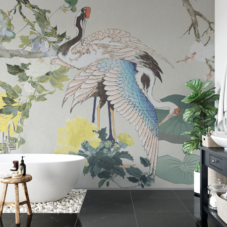 Tapeta winylowa struktura płótna żurawie orientalna kolorowa - MIZUMI gray