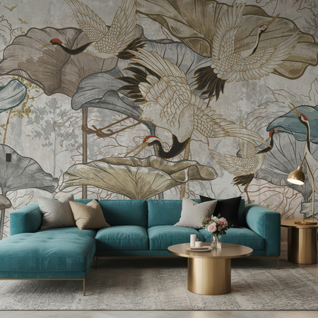 Tapeta winylowa struktura płótna żurawie orientalna kolorowa - NANAMI light