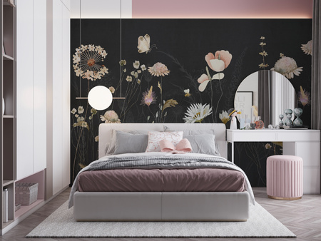 Tapeta winylowa struktura płótna kolorowa kwiatowa łąka czarne tło - DARCY dark (butterflies)