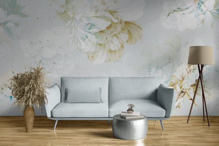 Tapeta winylowa struktura płótna kwiaty peonie rybki niebieska - NAYLA blue (underwater)