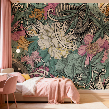 Tapeta winylowa struktura płótna kwiaty graffiti kolorowa - SAUROS pink (fossil)