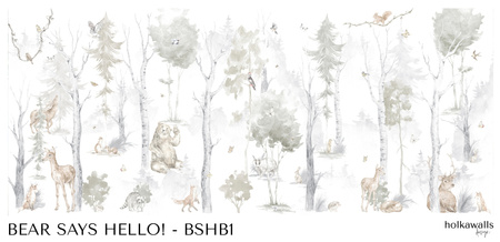 Tapeta winylowa struktura płótna dziecięca kolorowa las zwierzęta - BEAR SAYS HELLO! beige