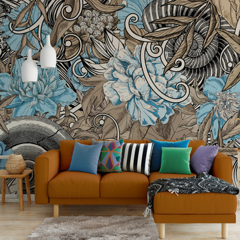 Tapeta winylowa struktura płótna kwiaty graffiti kolorowa - SAUROS blue (fossil)