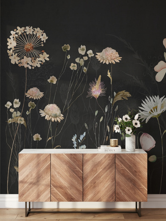 Tapeta winylowa struktura płótna kolorowa kwiatowa łąka czarne tło - DARCY dark (only flowers)