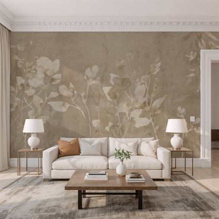 Tapeta winylowa struktura płótna gałązki i liście beżowa - TAMAMI (champagne)