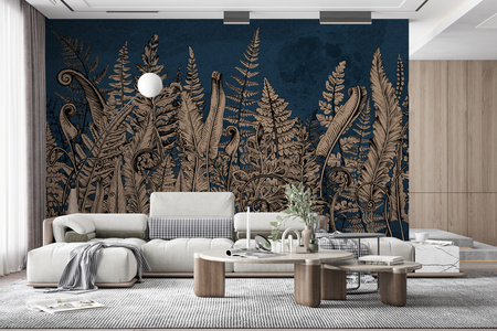 Tapeta winylowa struktura płótna liście paproci księzyc - OVER THE MOON blue