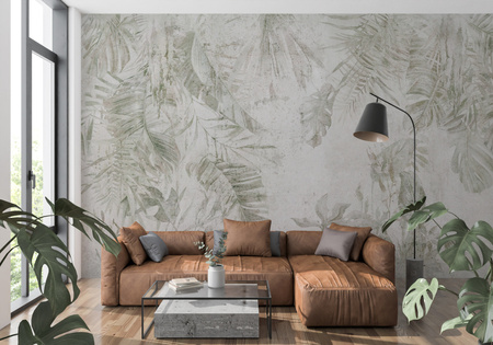 Tapeta winylowa struktura płótna liście tropikalne zielona - KAMARA color (rustic)