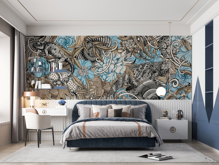 Tapeta winylowa struktura płótna kwiaty graffiti kolorowa - SAUROS blue (fossil)