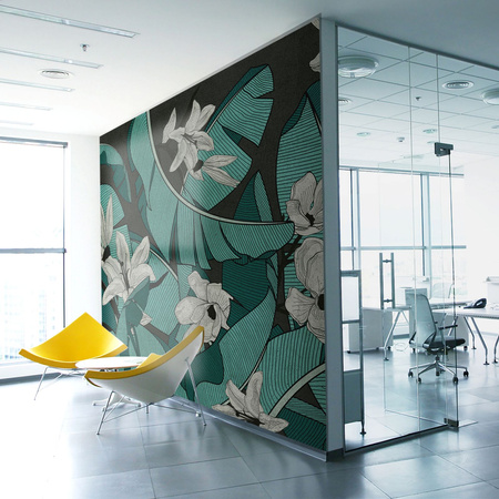 Tapeta winylowa struktura płótna liście bananowca kwiaty czarne tło - BANANA LEAVES