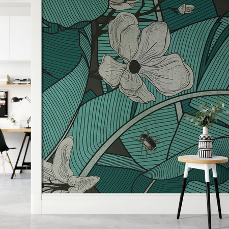 Tapeta winylowa struktura płótna liście bananowca kwiaty czarne tło - BANANA LEAVES